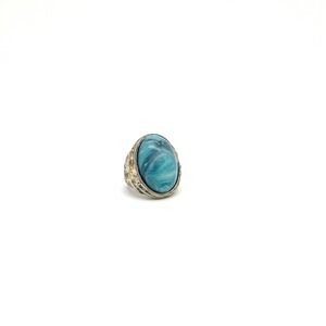 Vintage Blue Stone Ring Statement Oval Cabochon‎ Silver Tone Size 6.5